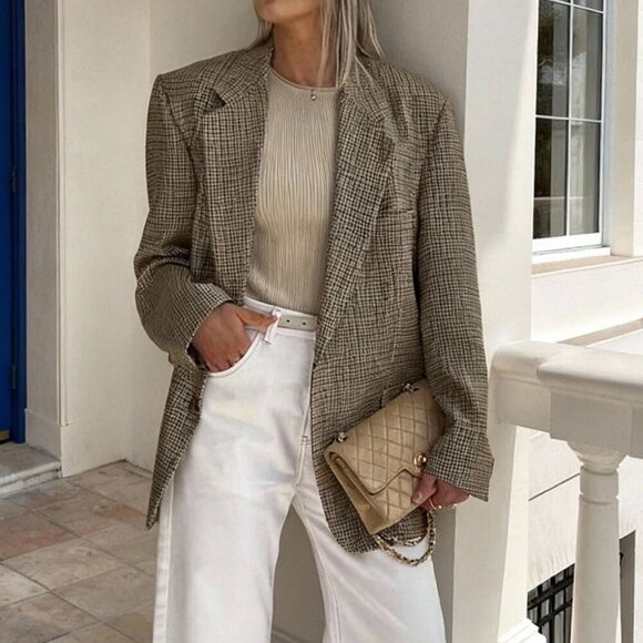 MODA ME COUTURE Jackets & Blazers - Brown Elegant Women's Plaid Loose Single-Breasted Blazer